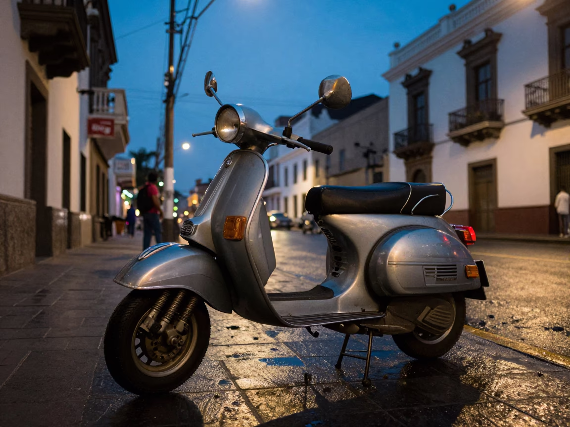 Blue Hour Street Scene in Lima Peru with Scooter and Coffee in in Lima, Peru