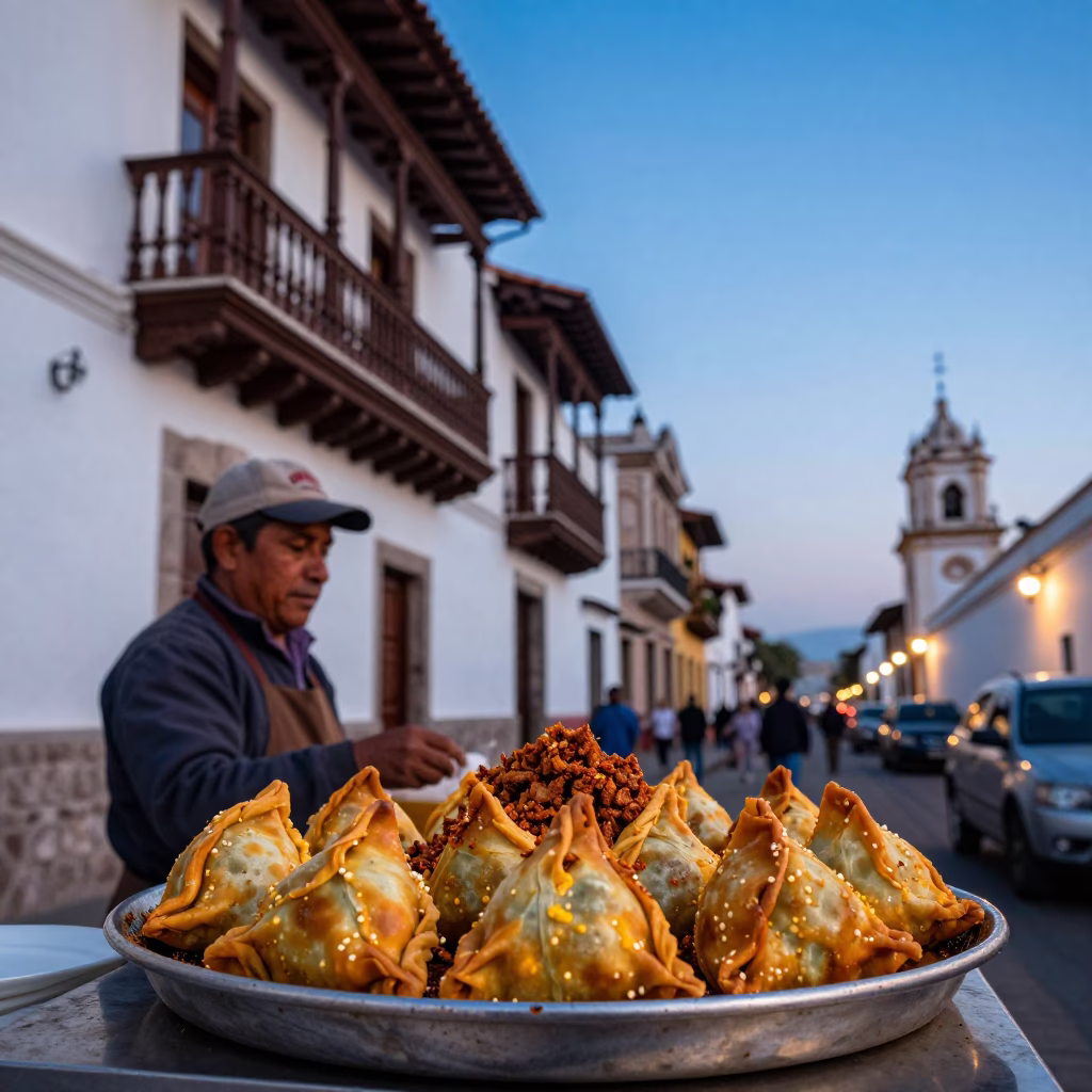 Blue Hour Street Scene in Lima Peru with Tray of Spiced Meat Sambusas in in Lima, Peru
