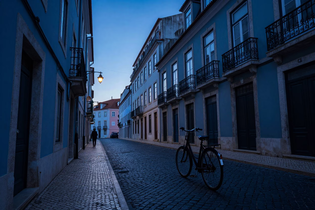 Blue Hour Street Scene in Lisbon Portugal with Bicycle and Coffee Tin in in Lisbon, Portugal
