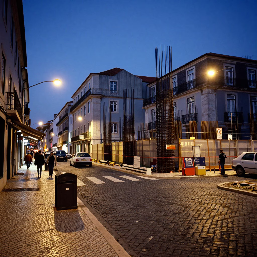 Blue Hour Street Scene in Lisbon Portugal with Construction Rebar and Urban Details in in Lisbon, Portugal