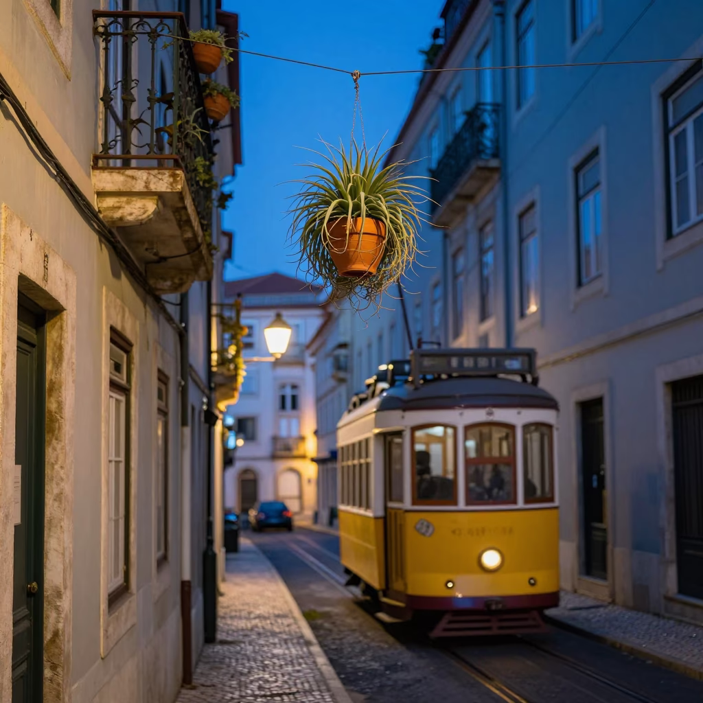 Blue Hour Street Scene in Lisbon Portugal with Hanging Air Plant and Terracotta Pots in in Lisbon, Portugal