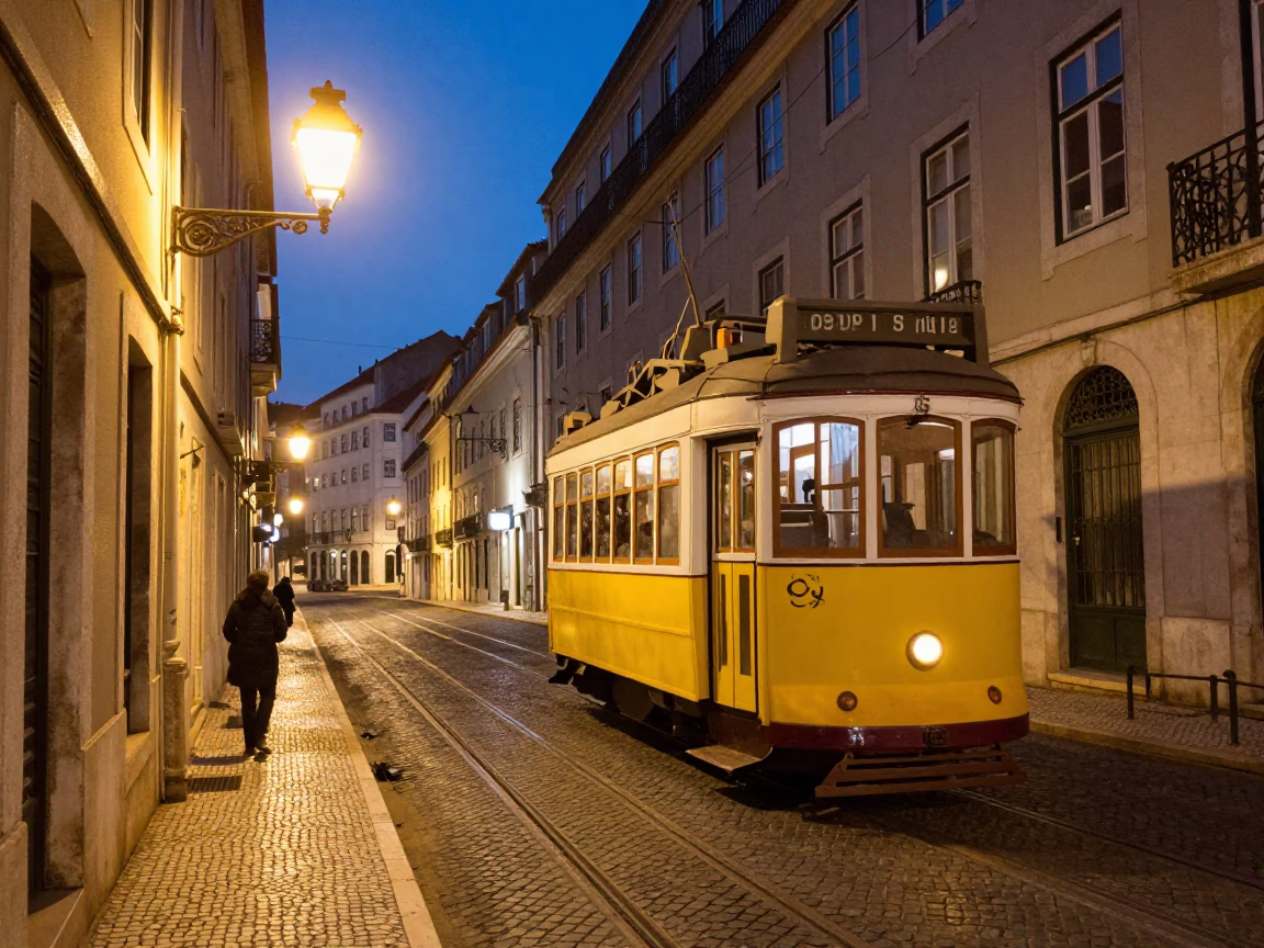 Blue Hour Street Scene in Lisbon Portugal with Traditional Tram and Historic Architecture in in Lisbon, Portugal