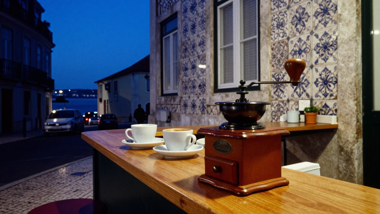 Blue Hour Street Scene in Lisbon Portugal with Vintage Coffee Grinder on Cafe Counter in in Lisbon, Portugal