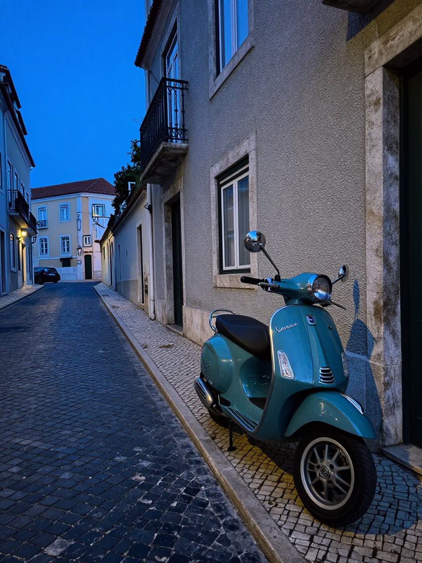 Blue Hour Street Scene in Lisbon Portugal with Vintage Vespa and Cobblestones in in Lisbon, Portugal