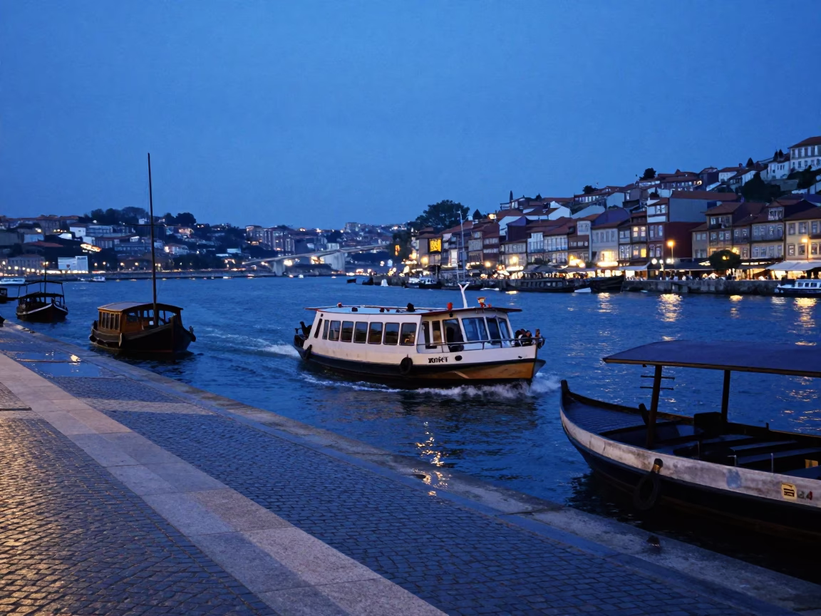 Blue Hour Street Scene in Lisbon Portugal with Water Taxi and Canal Houseboats in in Lisbon, Portugal