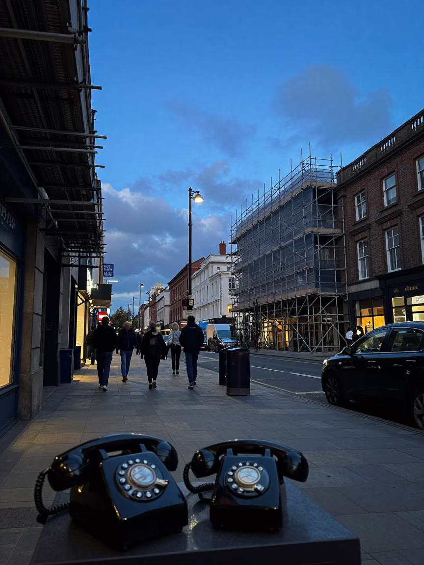 Blue Hour Street Scene in Liverpool UK with Vintage Bakelite Telephone and Scaffold Geometry in in Liverpool, United Kingdom