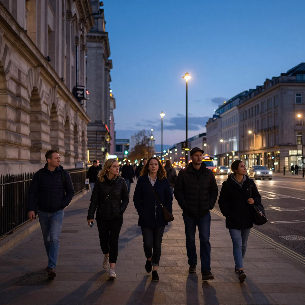 Blue Hour Street Scene in Liverpool United Kingdom with Pedestrians and City Lights in in Liverpool, United Kingdom