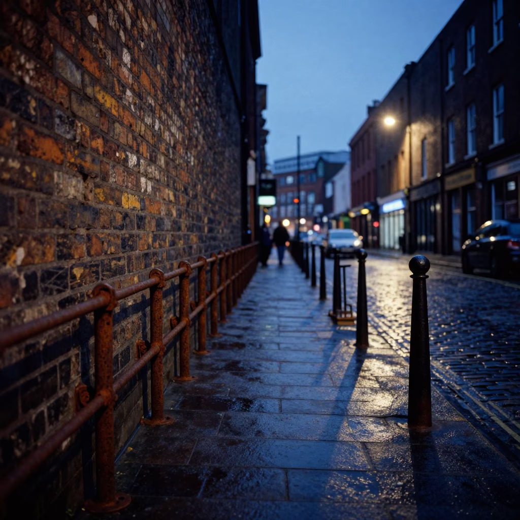 Blue Hour Street Scene in Liverpool with Peg Rails and Urban Details in in Liverpool, United Kingdom