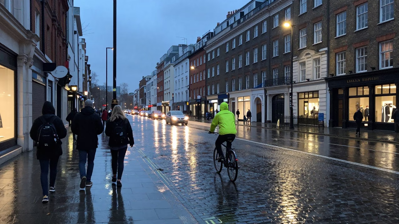 Blue Hour Street Scene in London UK with Rain and Urban Life in in London, United Kingdom
