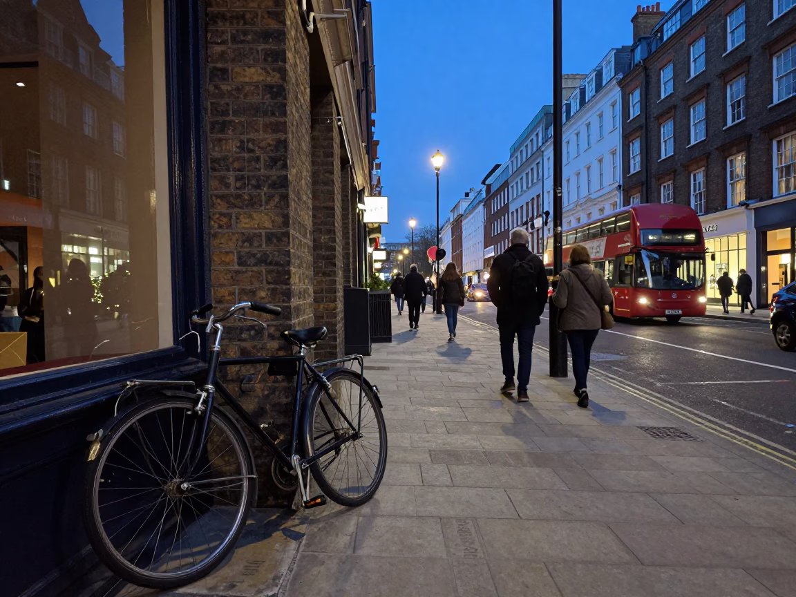 Blue Hour Street Scene in London United Kingdom with Vintage Details and Urban Activity in in London, United Kingdom