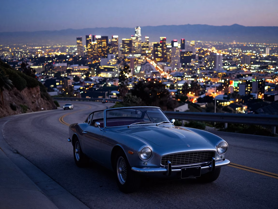 Blue Hour Street Scene in Los Angeles California with Vintage Car and City Lights in in Los Angeles, California, United States
