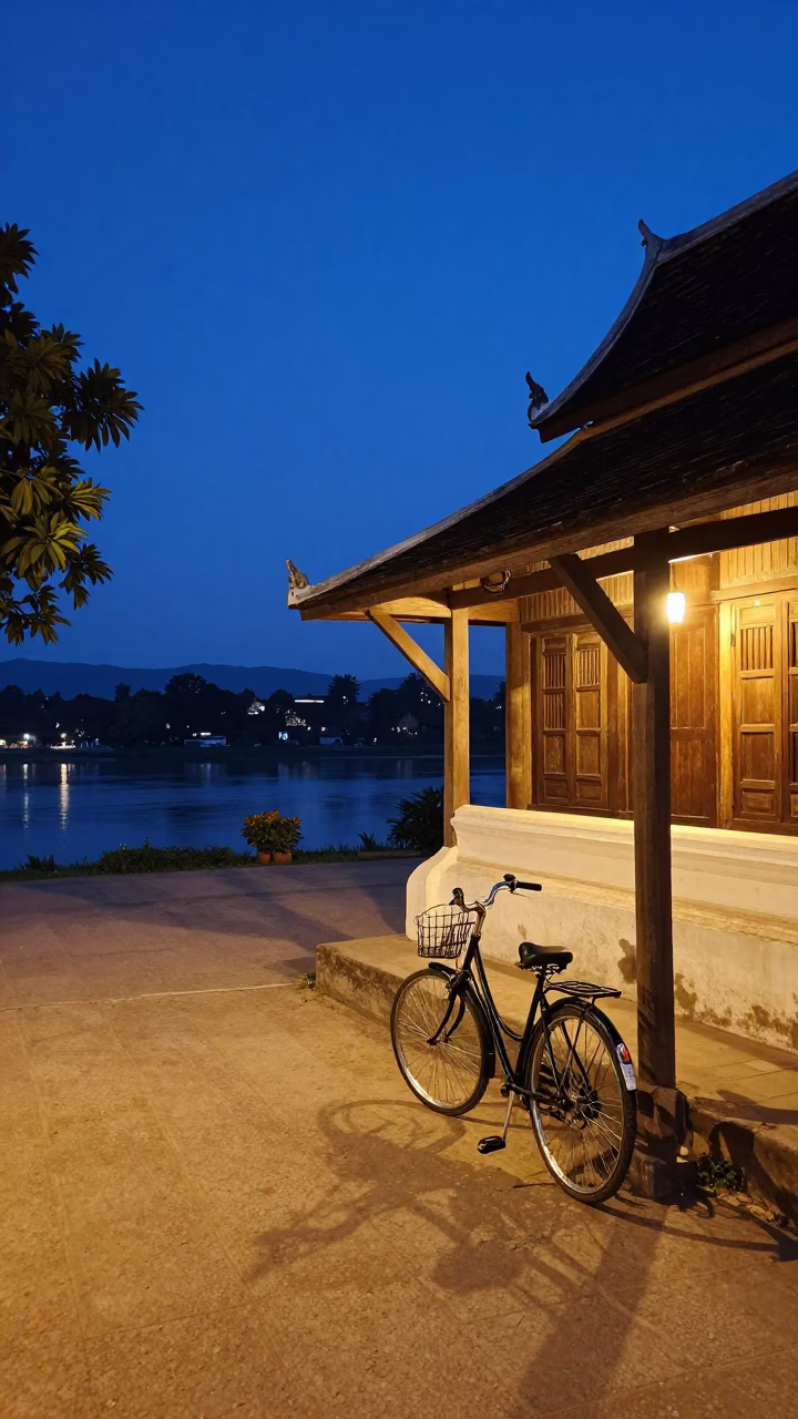 Blue Hour Street Scene in Luang Prabang Laos with Bicycle and Traditional Architecture in in Luang Prabang, Laos