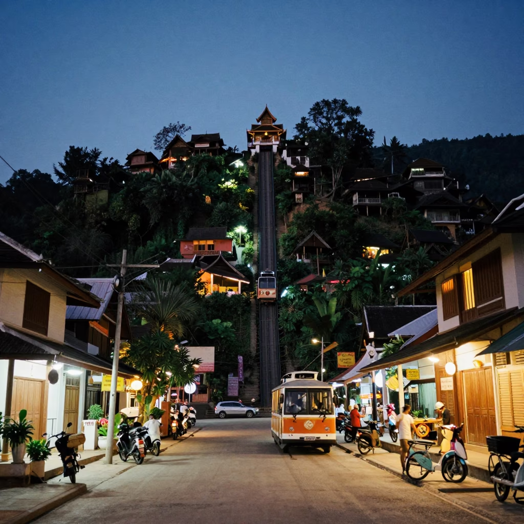 Blue Hour Street Scene in Luang Prabang Laos with Brushed Steel and Local Commerce in in Luang Prabang, Laos
