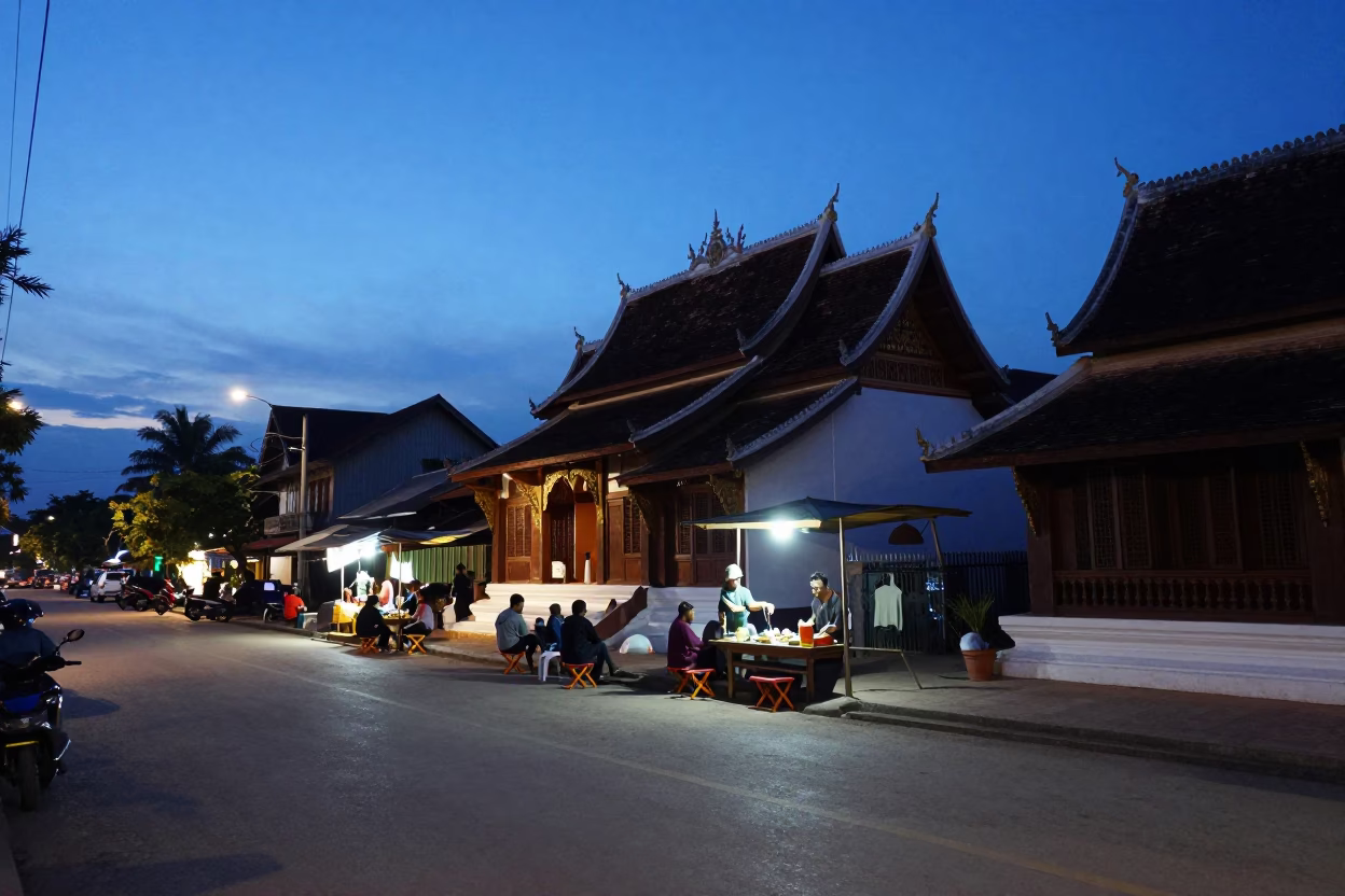 Blue Hour Street Scene in Luang Prabang Laos with Folding Stools and Local Activity in in Luang Prabang, Laos