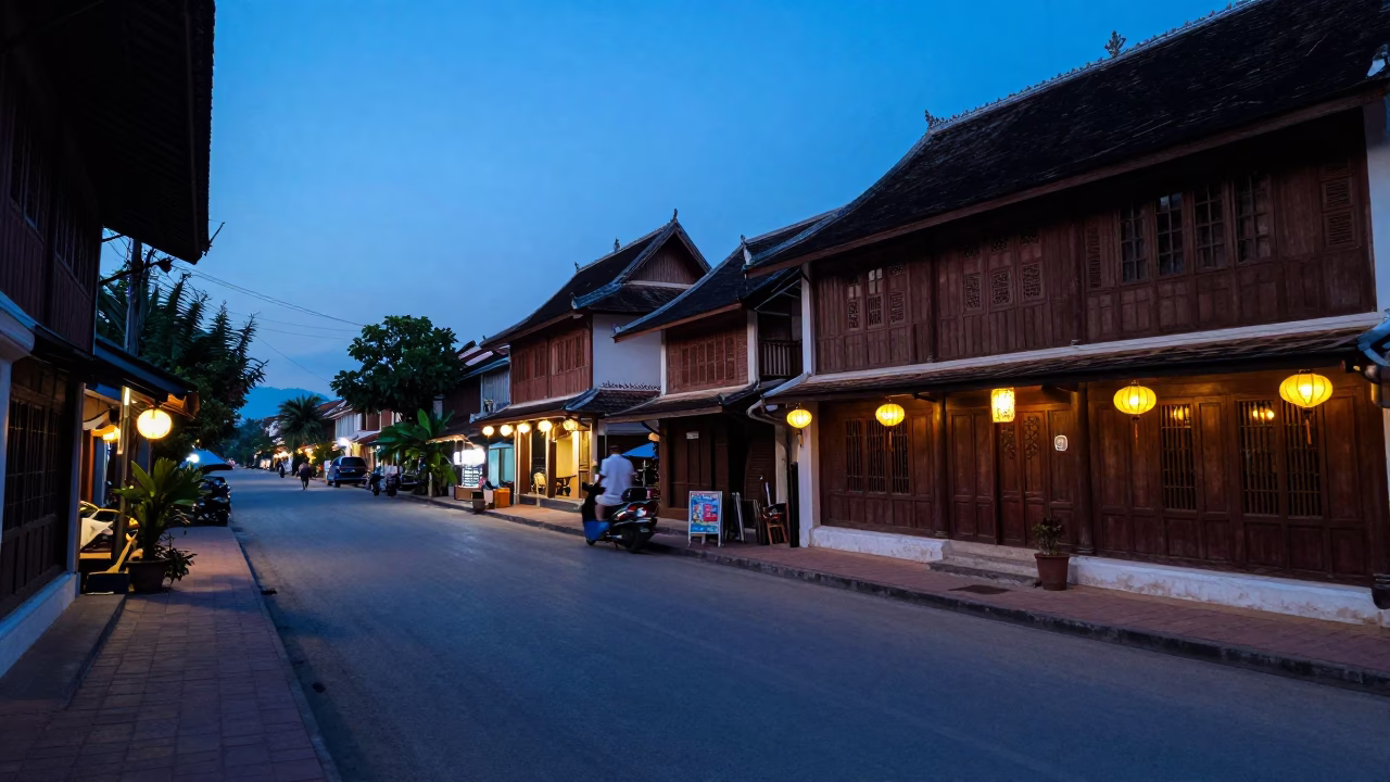 Blue Hour Street Scene in Luang Prabang Laos with Lanterns and Local Life in in Luang Prabang, Laos