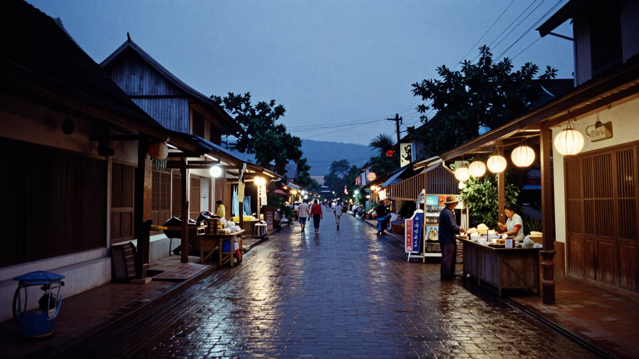 Blue Hour Street Scene in Luang Prabang Laos with Local Commerce in in Luang Prabang, Laos