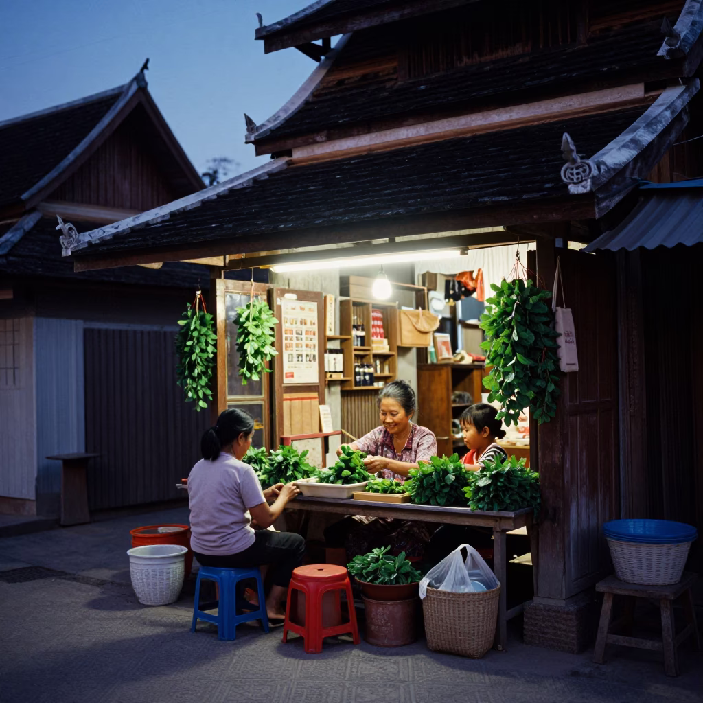 Blue Hour Street Scene in Luang Prabang Laos with Local Life Details in in Luang Prabang, Laos