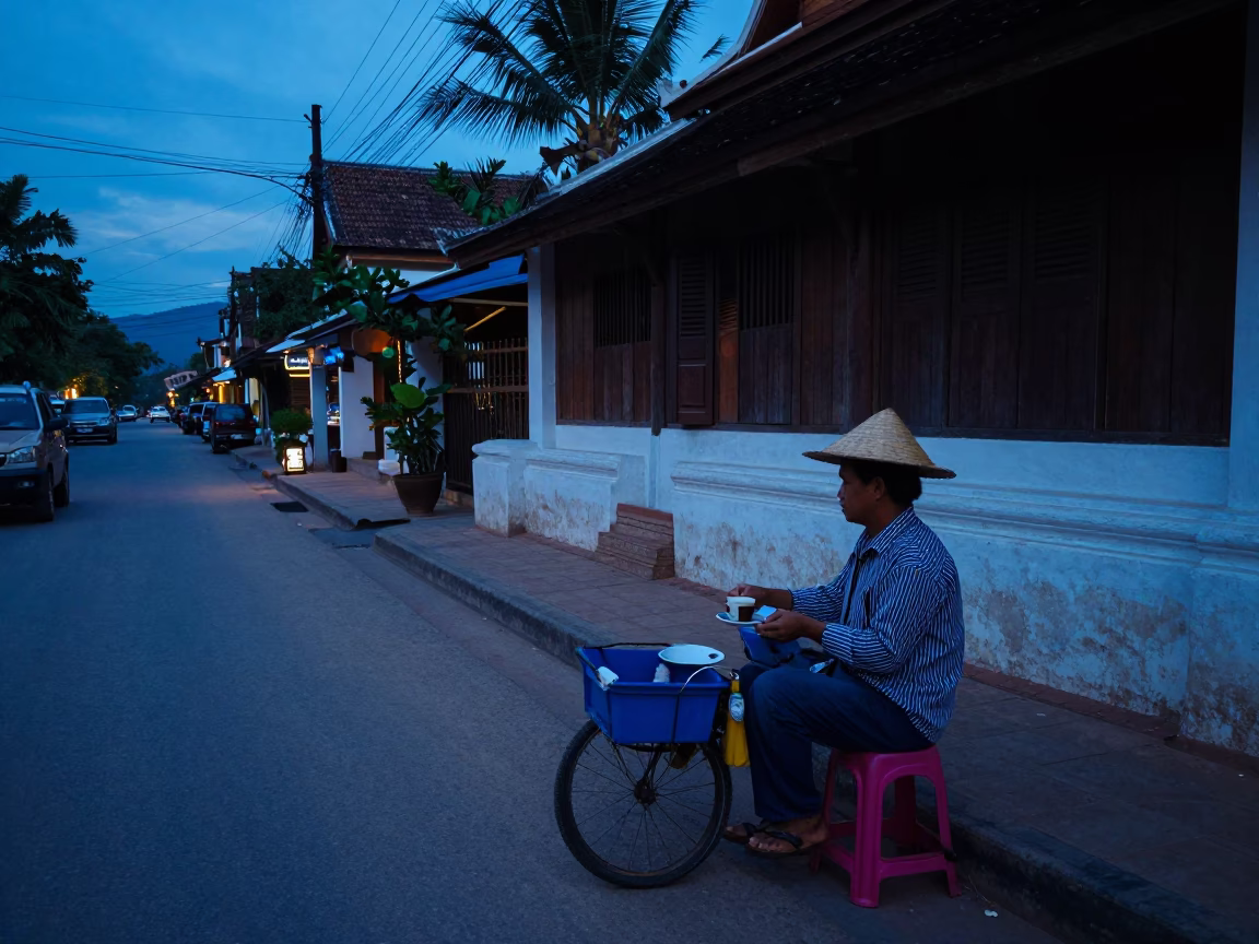 Blue Hour Street Scene in Luang Prabang Laos with Local Vendor and Espresso Cup in in Luang Prabang, Laos