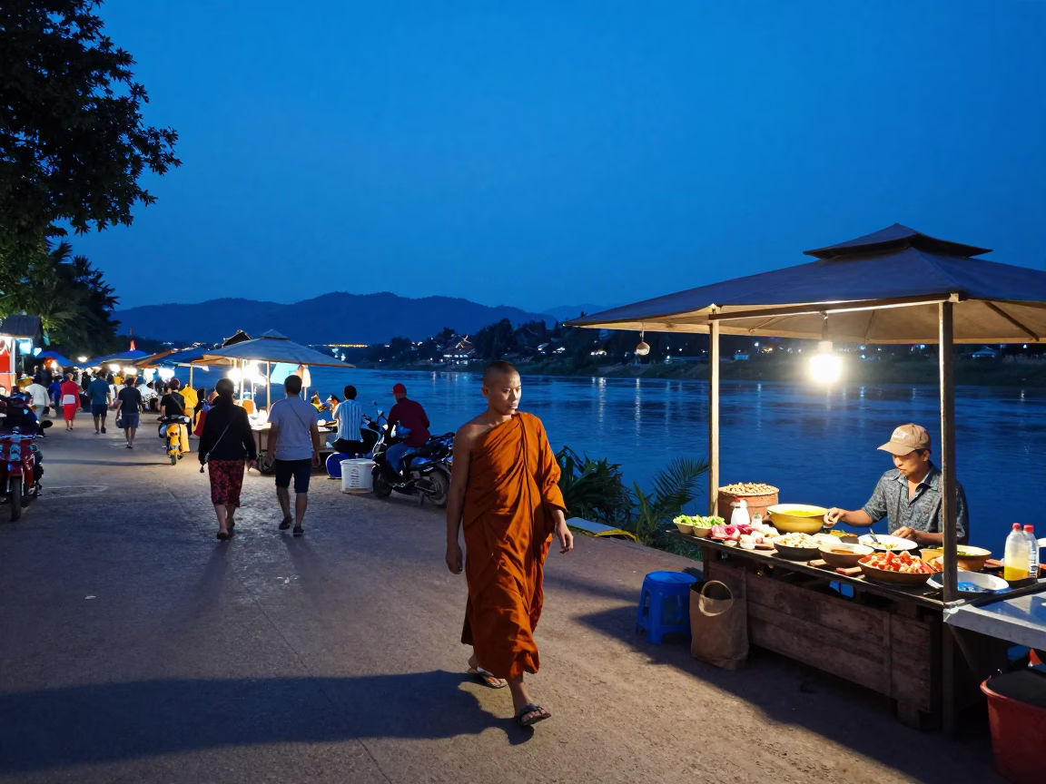 Blue Hour Street Scene in Luang Prabang Laos with Monk and Street Vendor in in Luang Prabang, Laos