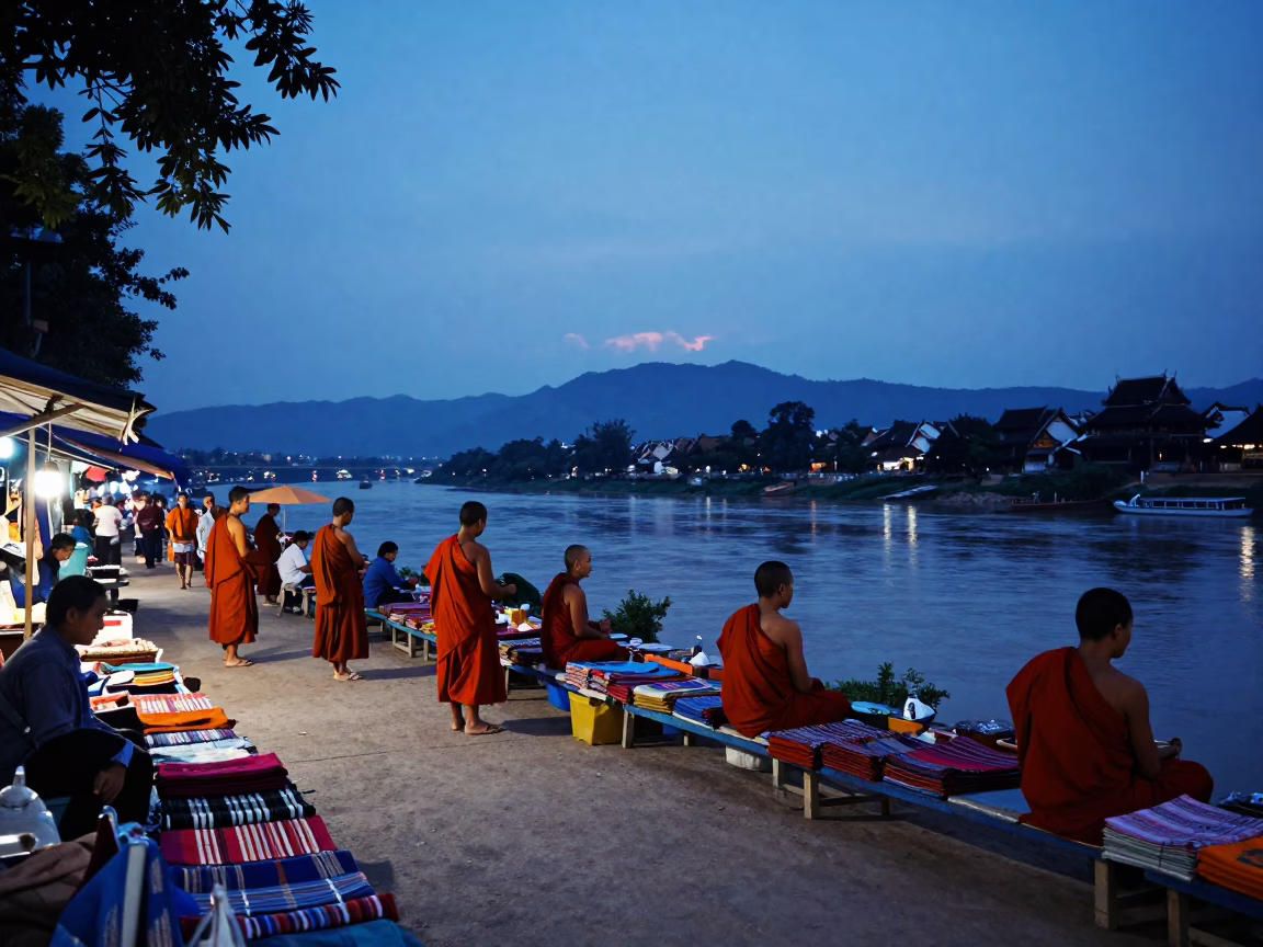 Blue Hour Street Scene in Luang Prabang Laos with Monks and Local Goods in in Luang Prabang, Laos