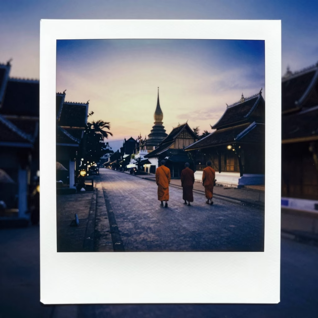 Blue Hour Street Scene in Luang Prabang Laos with Monks and Local Life in in Luang Prabang, Laos