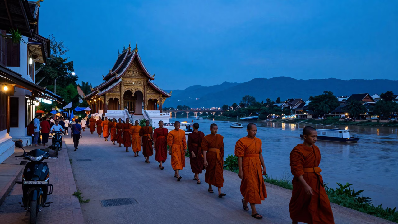 Blue Hour Street Scene in Luang Prabang Laos with Monks and Traditional Architecture in in Luang Prabang, Laos