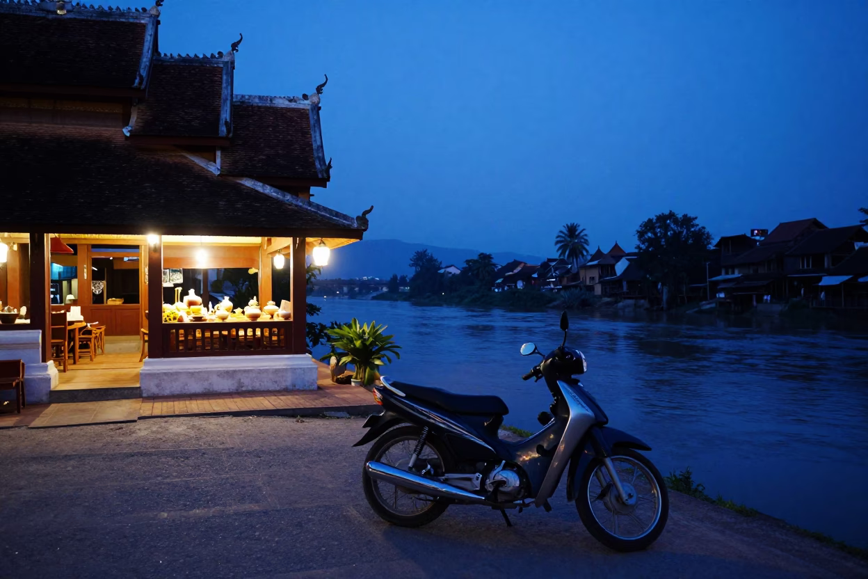Blue Hour Street Scene in Luang Prabang Laos with Motorcycle and River in in Luang Prabang, Laos