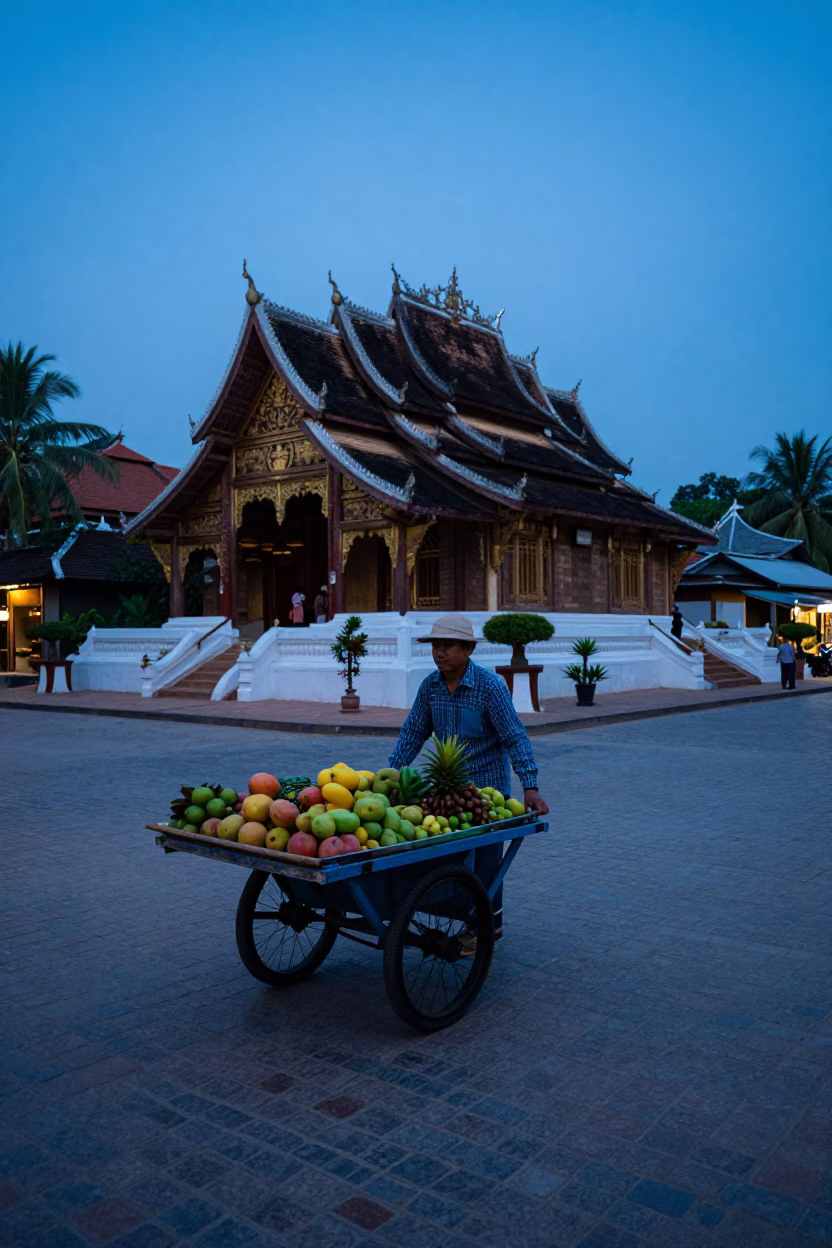 Blue Hour Street Scene in Luang Prabang Laos with Rolling Vendor Cart in in Luang Prabang, Laos