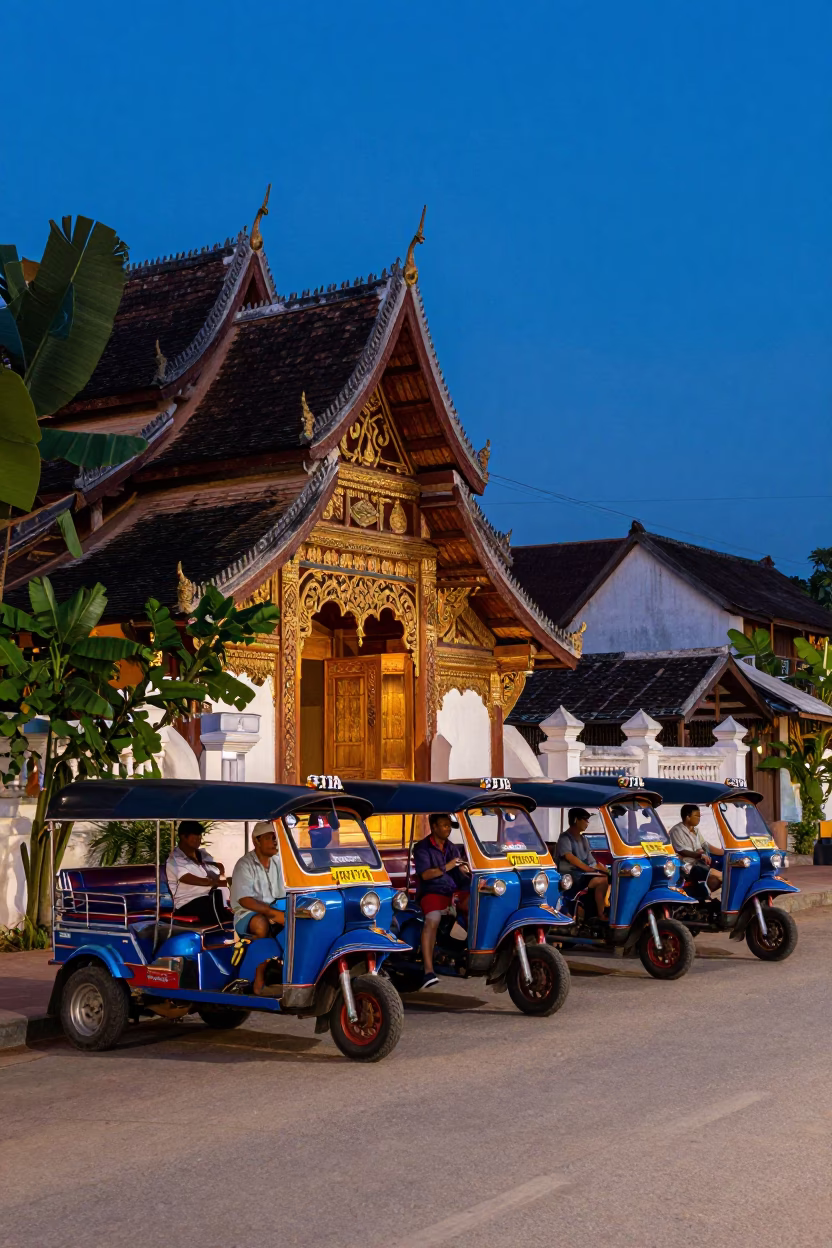 Blue Hour Street Scene in Luang Prabang Laos with Taxi Rank and Traditional Architecture in in Luang Prabang, Laos