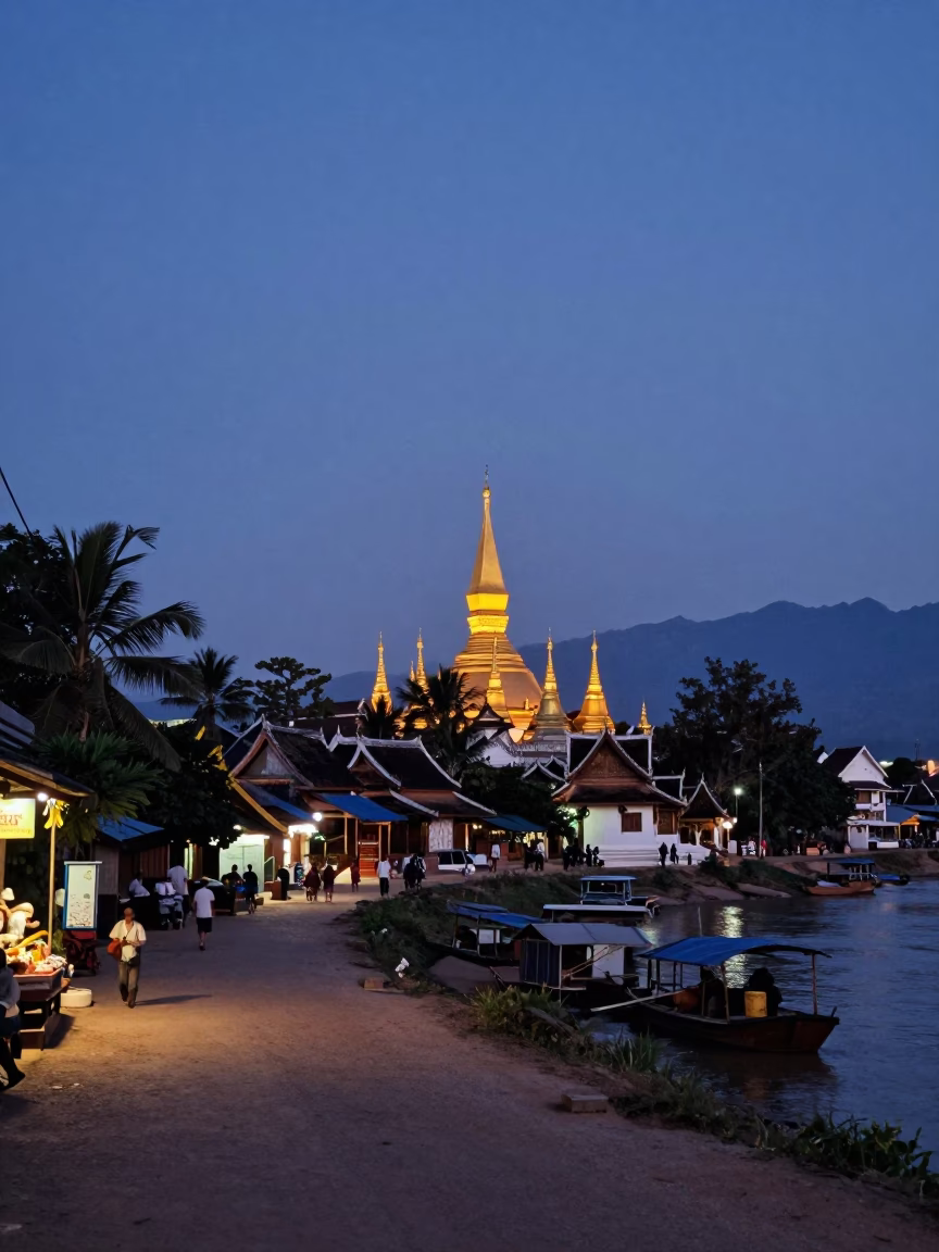Blue Hour Street Scene in Luang Prabang Laos with Traditional Architecture and Local Life in in Luang Prabang, Laos
