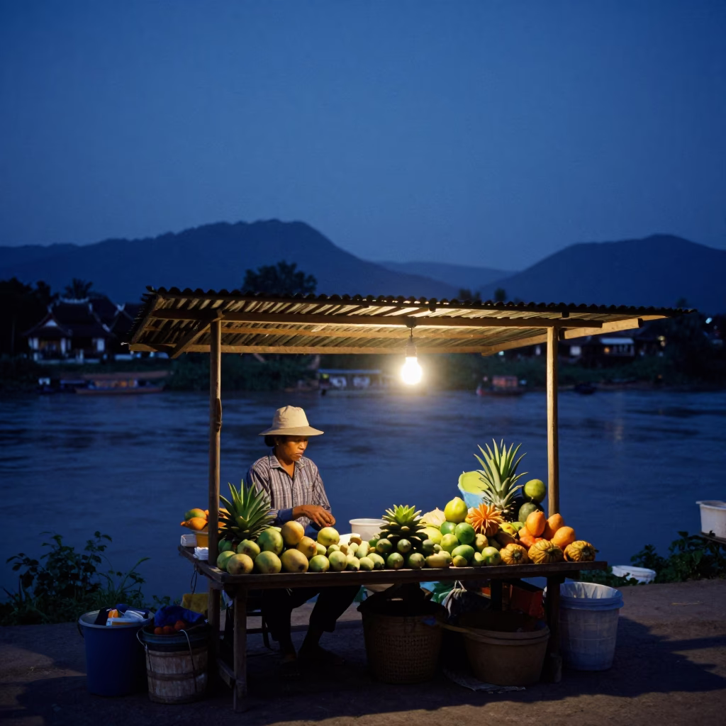 Blue Hour Street Scene in Luang Prabang Laos with Traditional Market Activity in in Luang Prabang, Laos