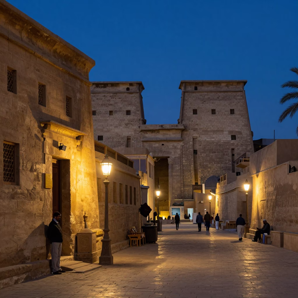 Blue Hour Street Scene in Luxor Egypt with Lanterns and Evening Activity in in Luxor, Egypt
