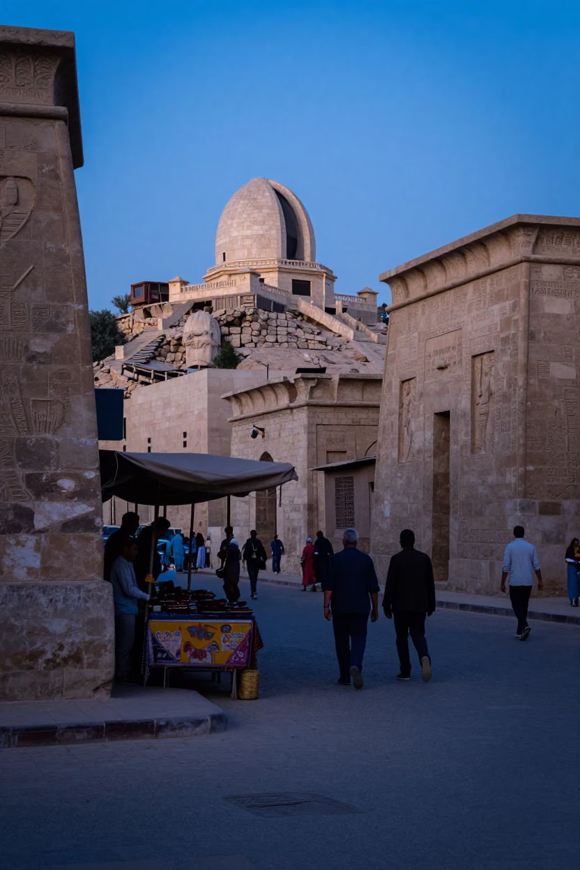 Blue Hour Street Scene in Luxor Egypt with Stone Observatory and Local Vendor in in Luxor, Egypt
