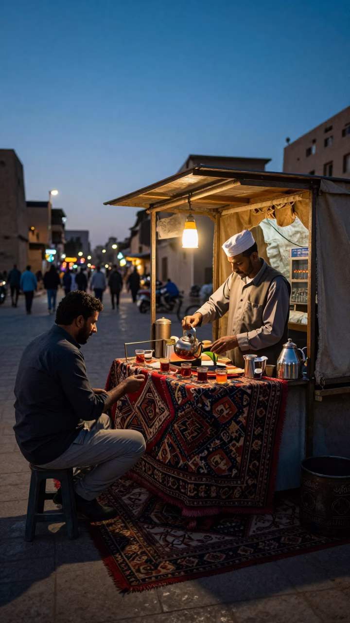 Blue Hour Street Scene in Luxor Egypt with Tea Kettle and Patterned Rug in in Luxor, Egypt