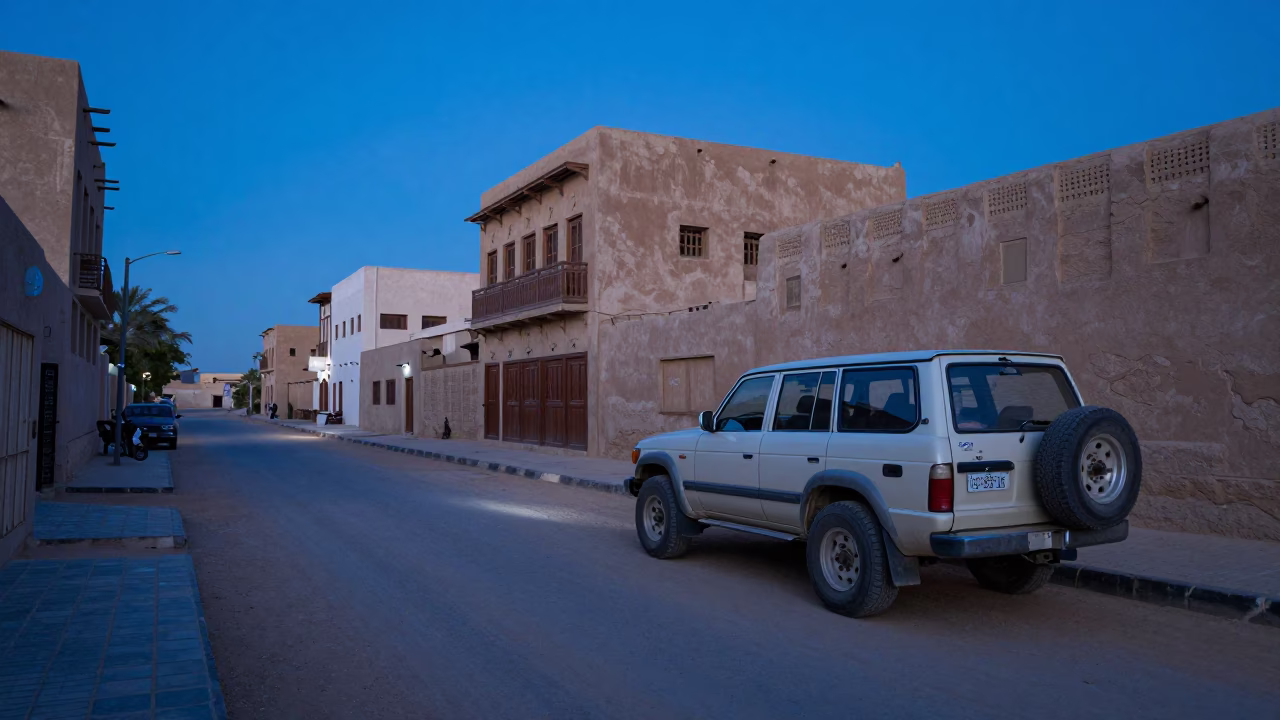 Blue Hour Street Scene in Luxor Egypt with Vintage SUV and Gladiolus in in Luxor, Egypt