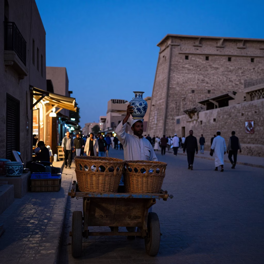 Blue Hour Street Scene in Luxor Egypt with Wicker Basket and Porcelain Jar in in Luxor, Egypt
