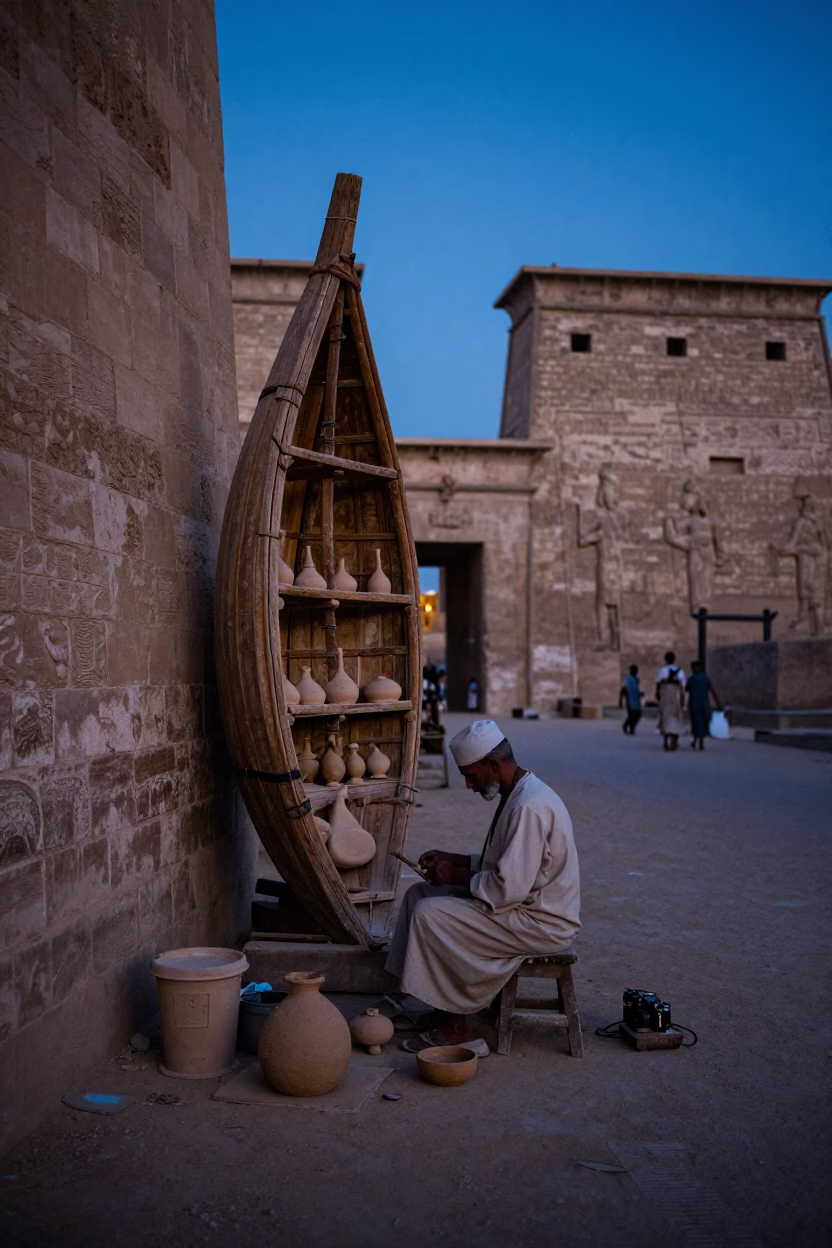 Blue Hour Street Scene in Luxor Egypt with Wooden Boat Hull and Clay Pot in in Luxor, Egypt