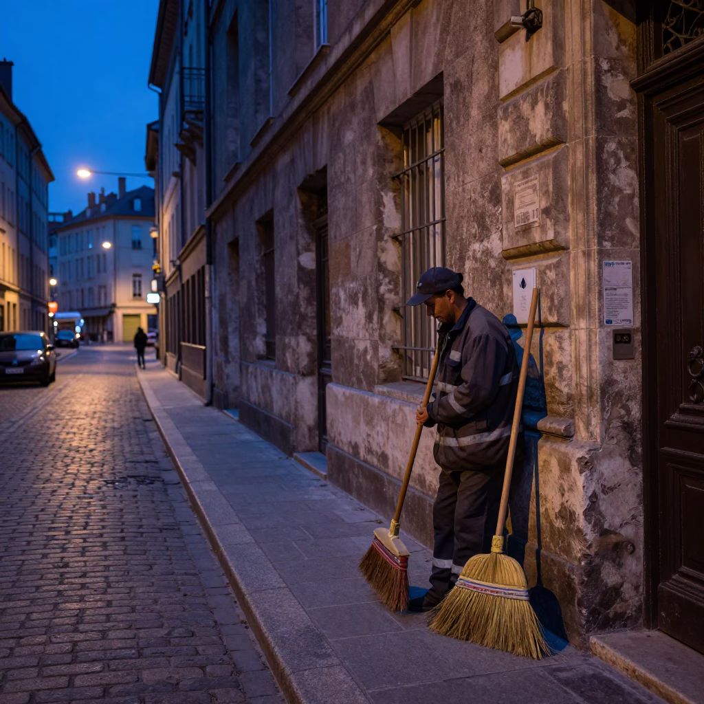 Blue Hour Street Scene in Lyon France with Brooms and Urban Reflections in in Lyon, France