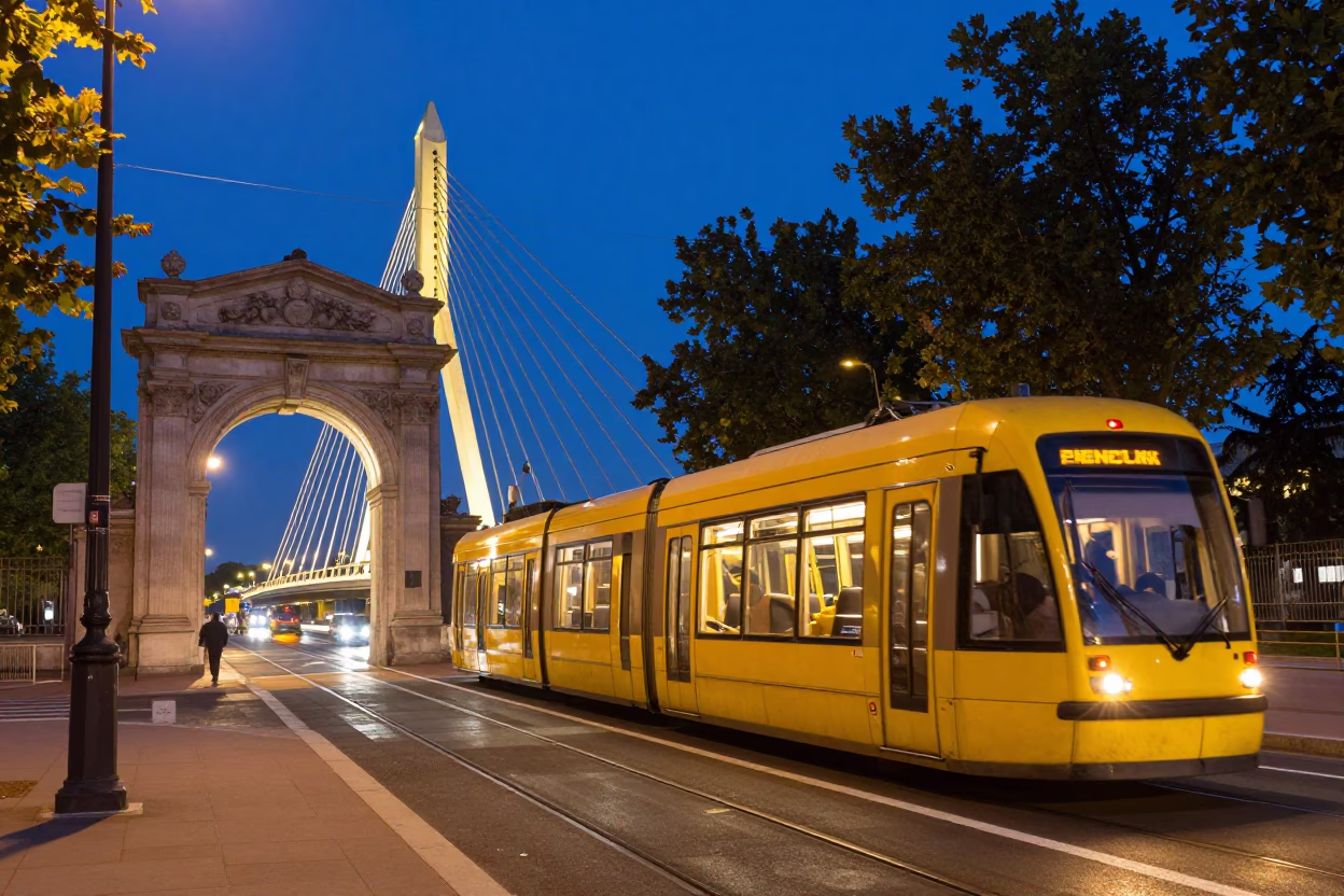 Blue Hour Street Scene in Lyon France with Cable Stayed Bridge Illuminated in in Lyon, France