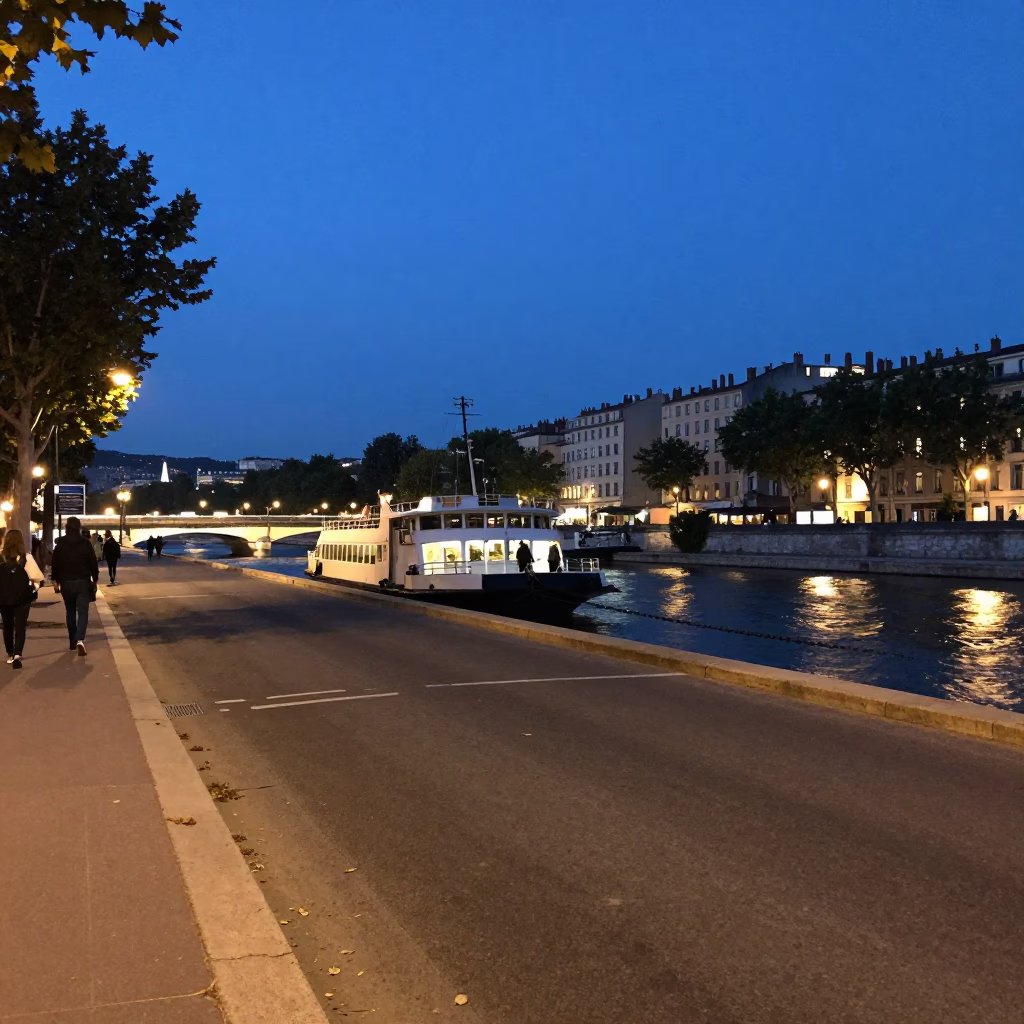 Blue Hour Street Scene in Lyon France with Chain Ferry Crossing the Saone River in in Lyon, France