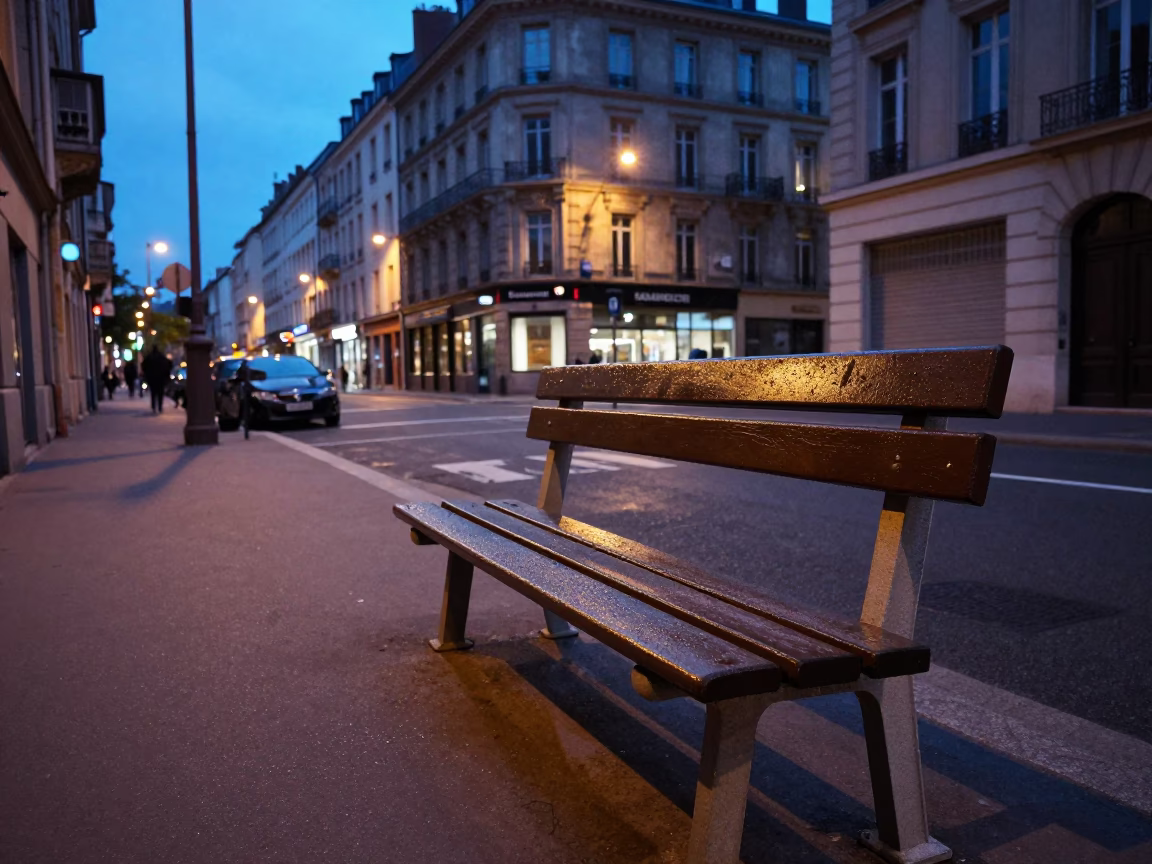 Blue Hour Street Scene in Lyon France with Condensation on Bench and Urban Life in in Lyon, France