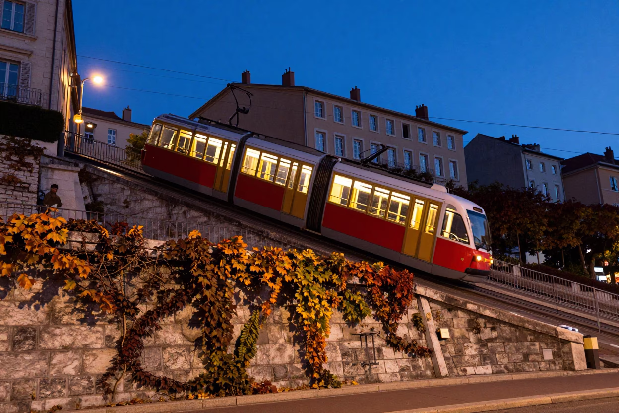 Blue Hour Street Scene in Lyon France with Funicular and Autumn Vines in in Lyon, France