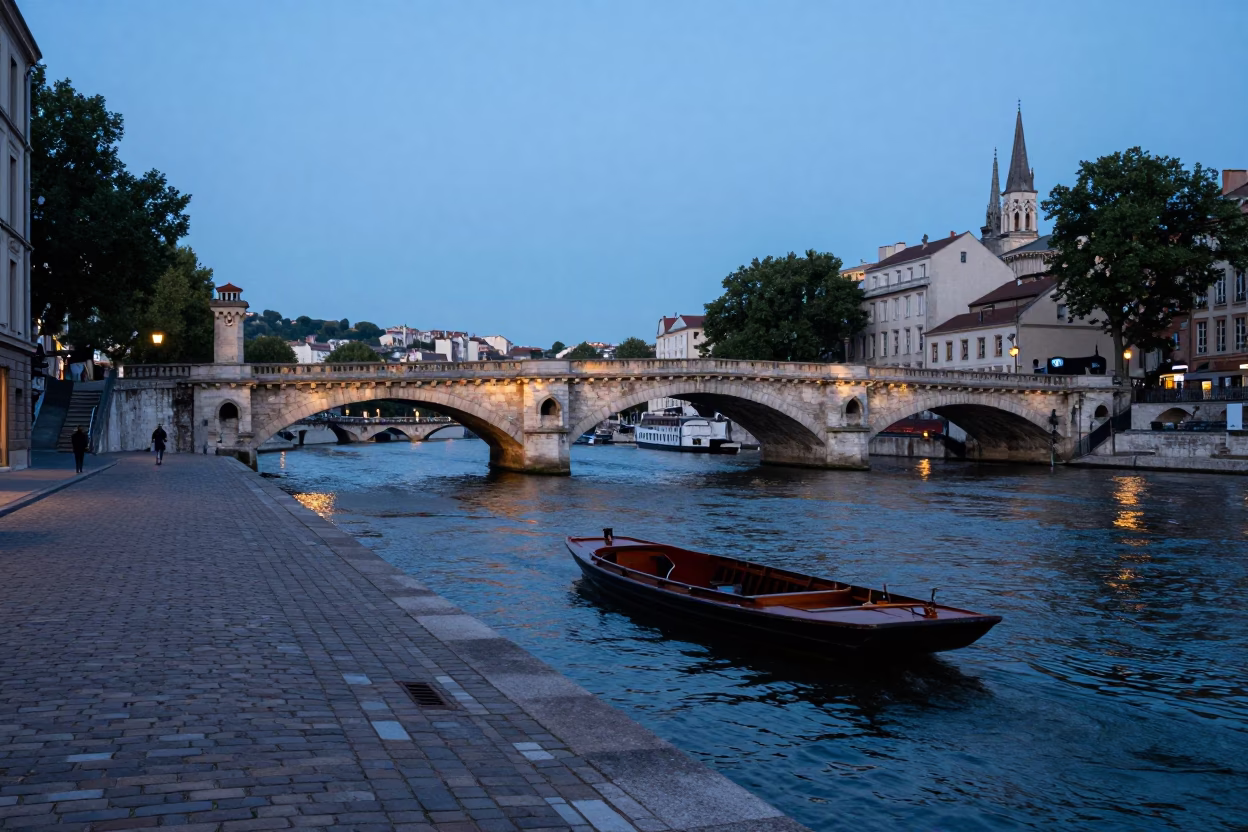 Blue Hour Street Scene in Lyon France with Gothic Stone Bridge and River Activity in in Lyon, France