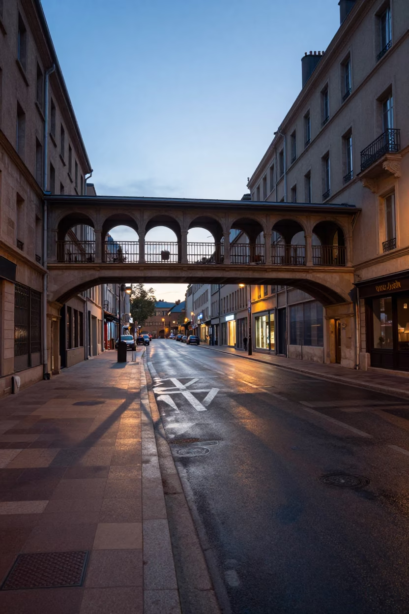 Blue Hour Street Scene in Lyon France with Pedestrian Overpass and Wet Footsteps in in Lyon, France