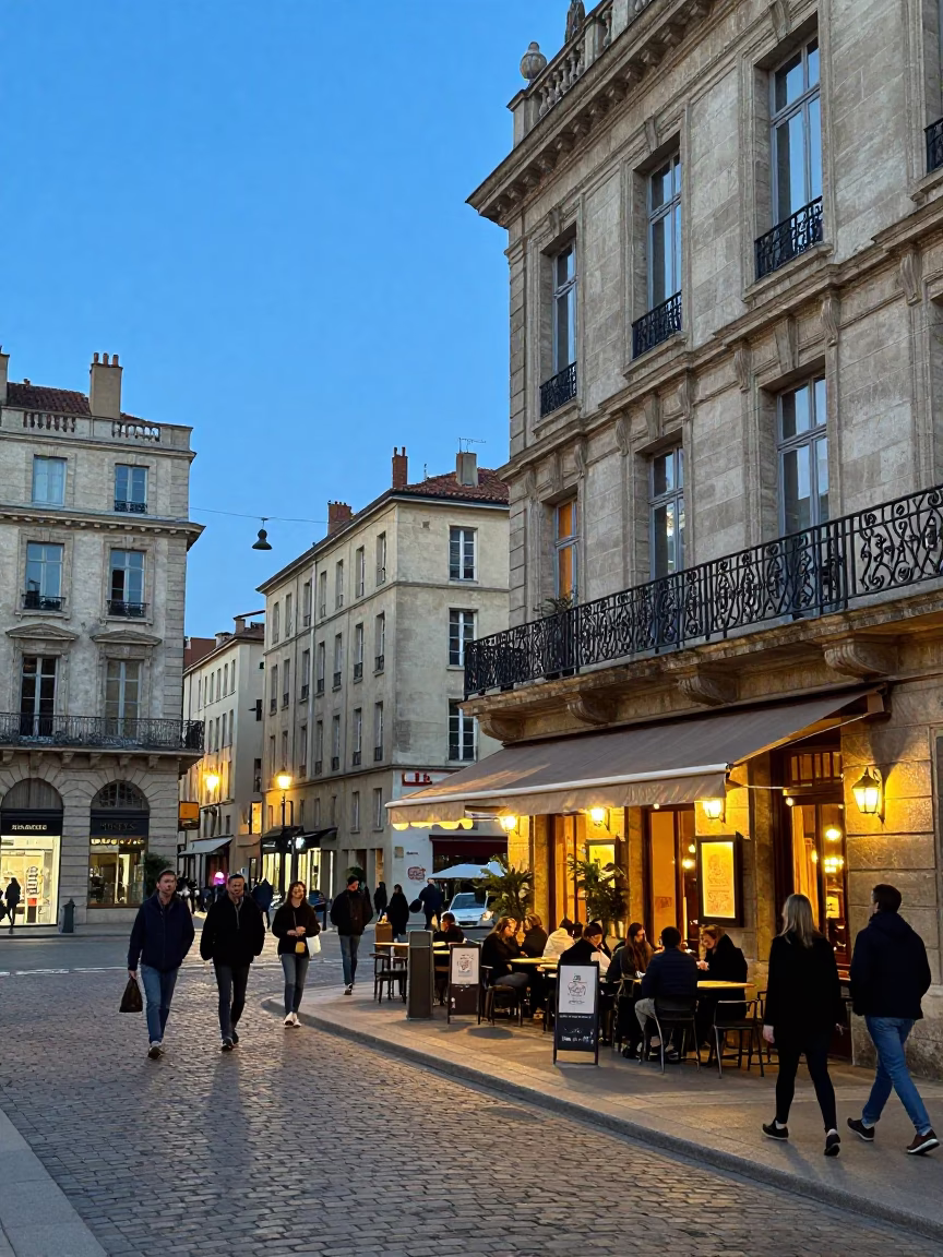 Blue Hour Street Scene in Lyon France with Stone Architecture and Urban Activity in in Lyon, France