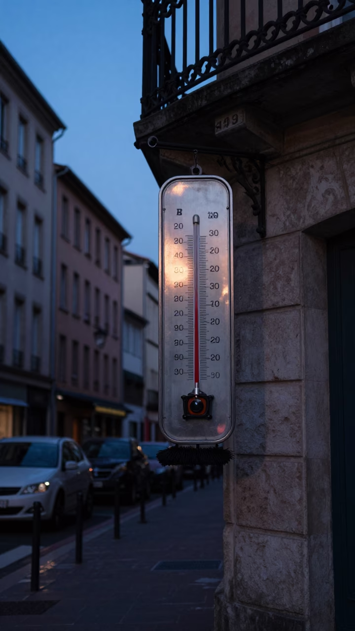 Blue Hour Street Scene in Lyon France with Thermometer and Scrub Brush in in Lyon, France