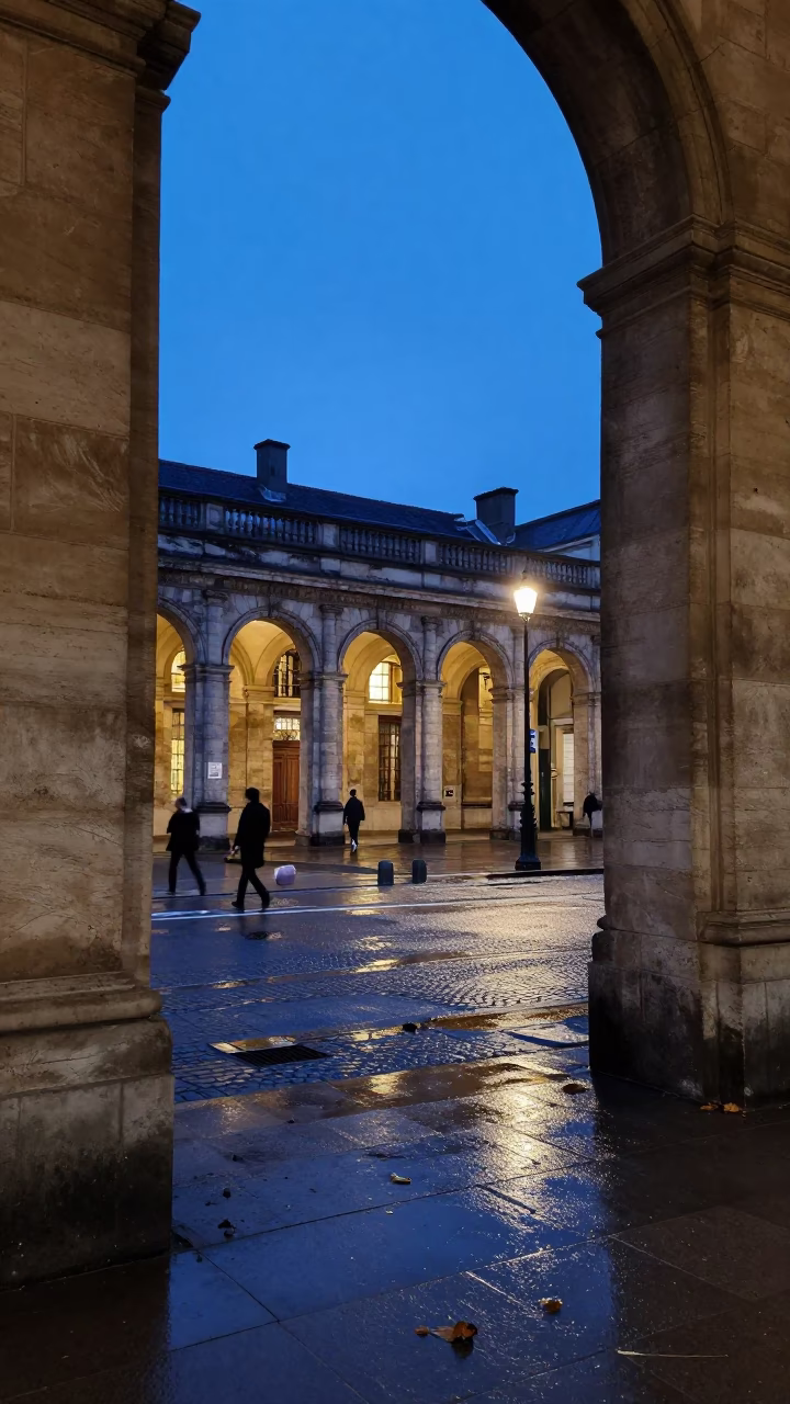 Blue Hour Street Scene in Lyon France with University Arcade and Wet Leaves in in Lyon, France