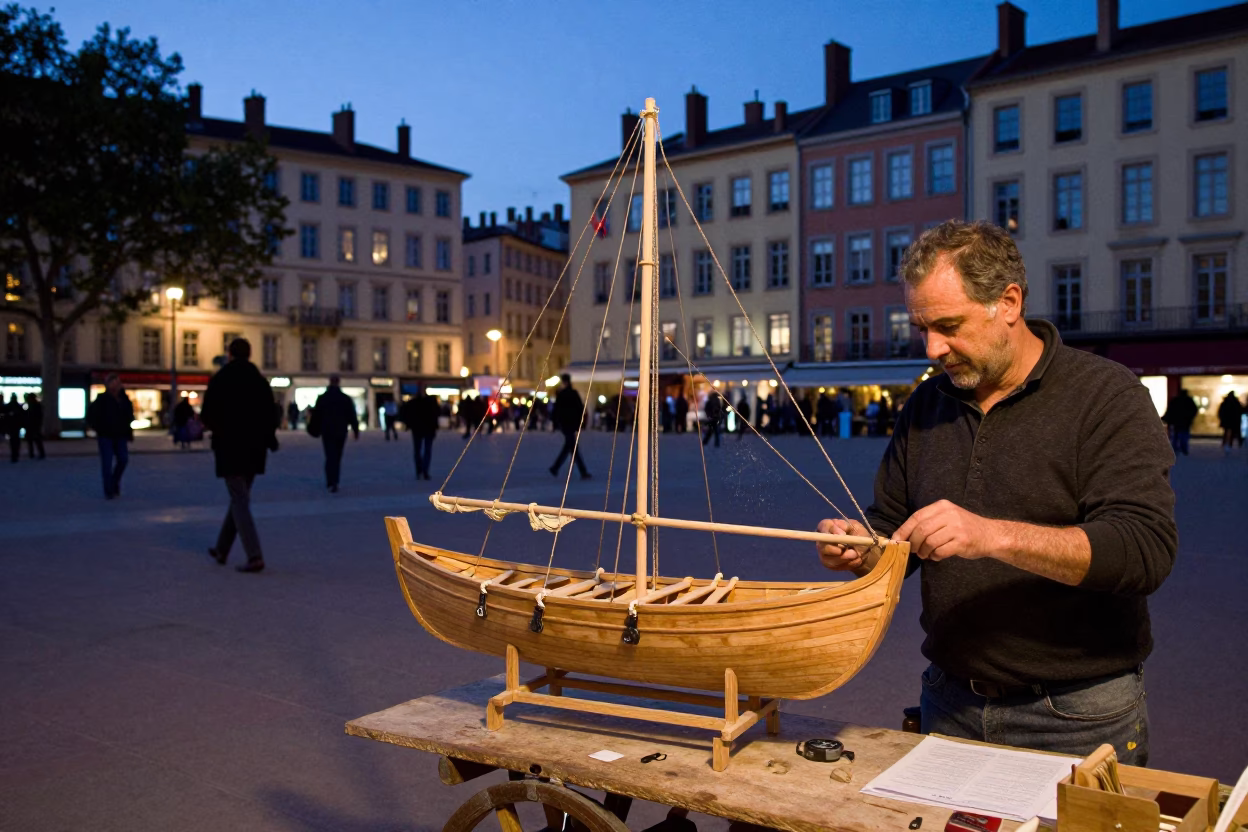 Blue Hour Street Scene in Lyon France with Wooden Dhow Model and Key Blank in in Lyon, France