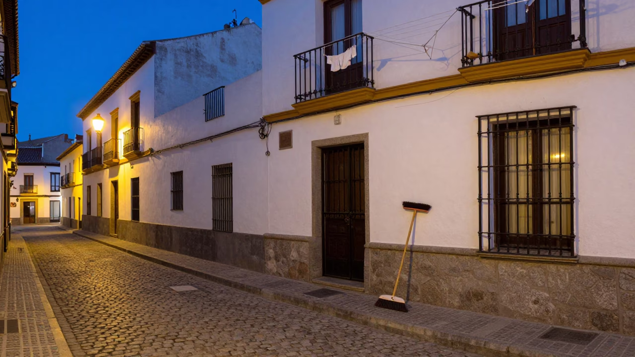 Blue Hour Street Scene in Madrid Spain with Broom and Clothesline in in Madrid, Spain