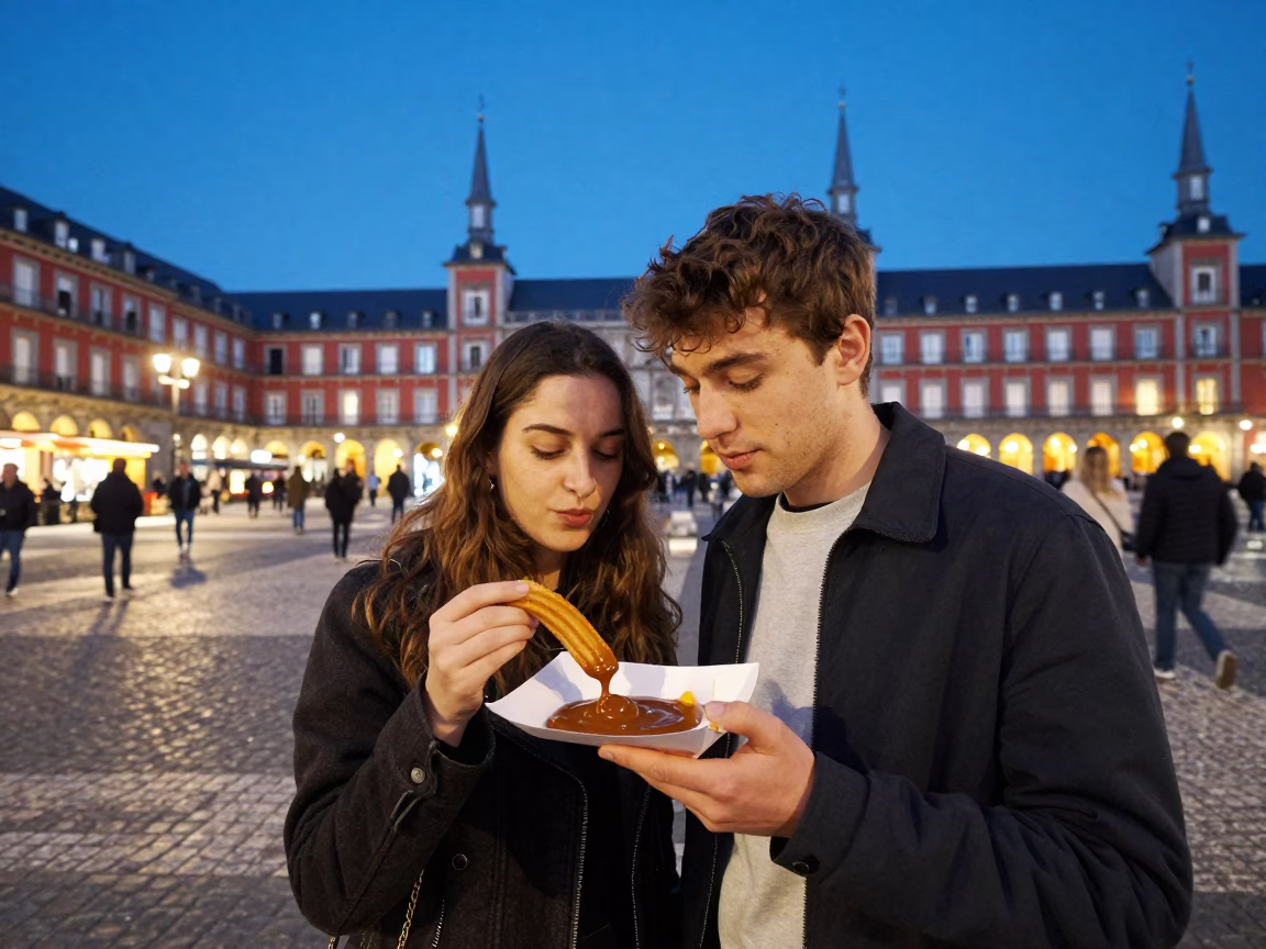 Blue Hour Street Scene in Madrid Spain with Churros and Dulce de Leche in in Madrid, Spain